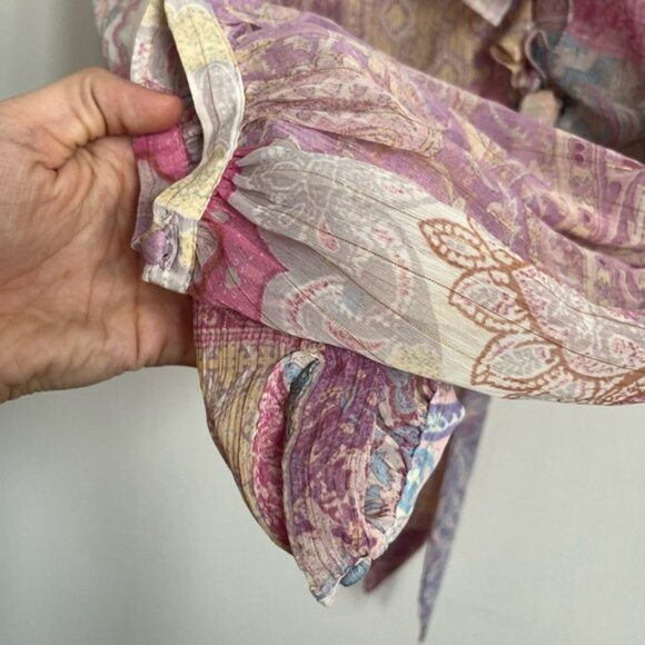 Zara Paisley Ruffle Crop Sheer Button Down Long Sleeve Blouse - Pastel - Medium - Picture 7 of 10